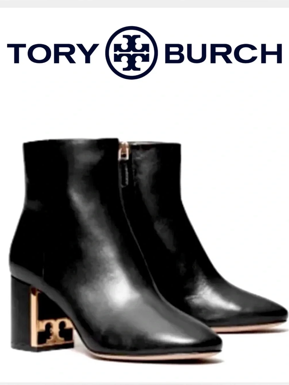 TORY BURCH BLACK GIGI LOGO HEEL BOOTS